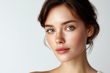 Fototapeta premium Minimal beauty portrait on white background for clean cosmetic advertising.