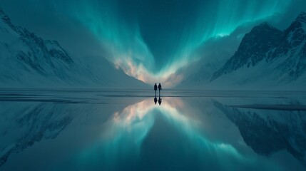 Two figures stand under the mesmerizing Northern Lights against a backdrop of snowy mountains and a reflective frozen lake.