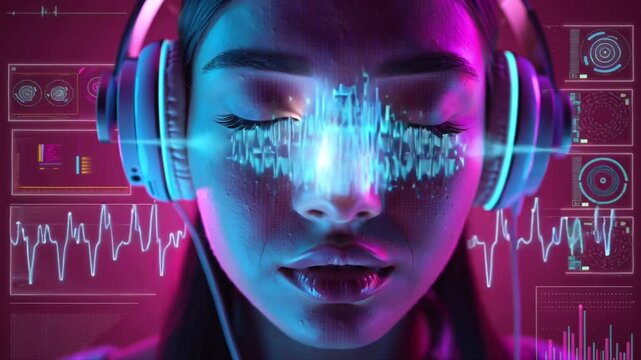 Futuristic cinematic portrait young woman wearing sleek headphones, neon holographic light waves flowing headphones brain area, abstract fractal patterns imagined music beats mixed-media biometric