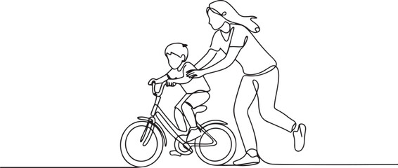 Single continuous line drawing of young kids boy learning ride bicycle with mother at outdoor park. Parenthood lesson. Family time concept. one line Icon drawing