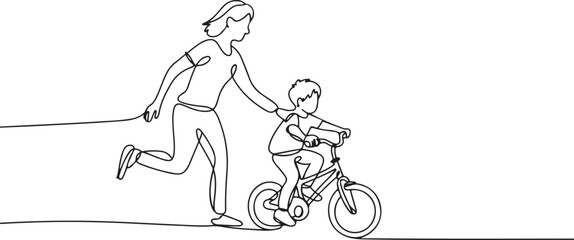 Single continuous line drawing of young kids boy learning ride bicycle with mother at outdoor park. Parenthood lesson. Family time concept. one line Icon drawing © firoz
