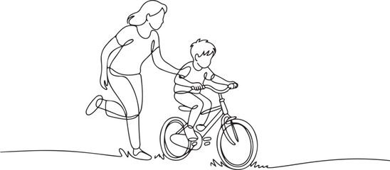 Single continuous line drawing of young kids boy learning ride bicycle with mother at outdoor park. Parenthood lesson. Family time concept. one line Icon drawing
