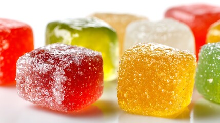 Close up of assorted colorful fruit jelly candies isolated on the white background 