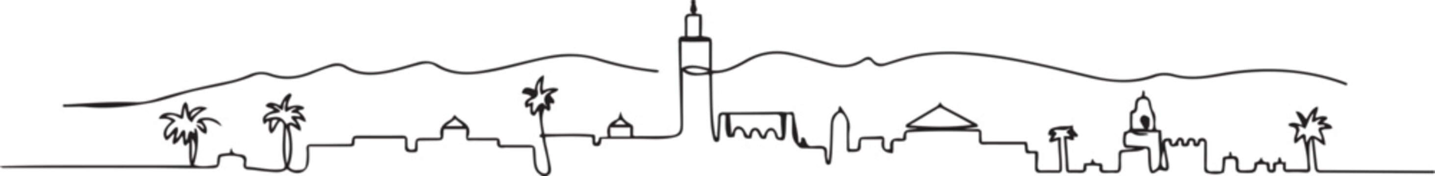 Single continuous line drawing of Marrakech city skyline, Morocco. Famous city scraper and landscape home wall decor poster print. World travel concept. one line Icon drawing