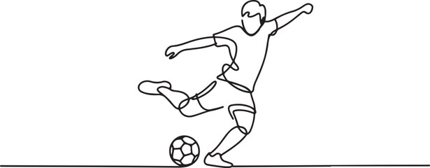 One single line drawing of young energetic football striker take a free kick shoot at the game. Soccer match sports concept. one line Icon drawing © firoz