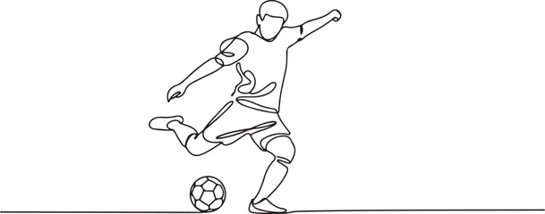 One single line drawing of young energetic football striker take a free kick shoot at the game. Soccer match sports concept. one line Icon drawing