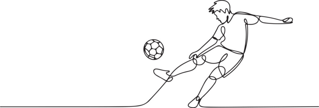 One single line drawing of young energetic football striker take a free kick shoot at the game. Soccer match sports concept. one line Icon drawing