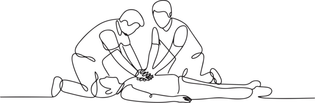 Single continuous line drawing emergency doctors doing cardiopulmonary resuscitation of a man. Paramedic giving indirect heart massage first aid to patient. one line Icon drawing