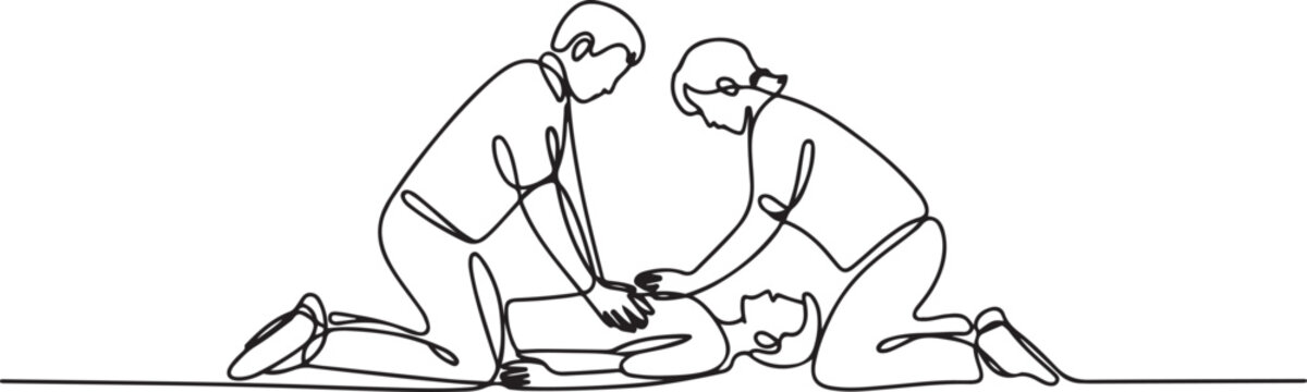 Single continuous line drawing emergency doctors doing cardiopulmonary resuscitation of a man. Paramedic giving indirect heart massage first aid to patient. one line Icon drawing