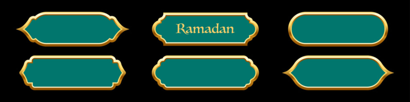Ramadan frames. Islamic frames with gold borders shown as green decorative labels in traditional Arabian shapes. Set of banners for Ramadhan and oriental festive design. Luxury vector illustration.