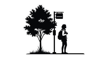 a person with a backpack standing next to a tree and a signpost silhouette high quality © GDMala02