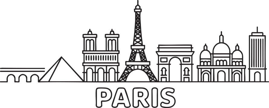 Paris city line skyline vector illustration with text, minimal style cityscape with famous landmarks