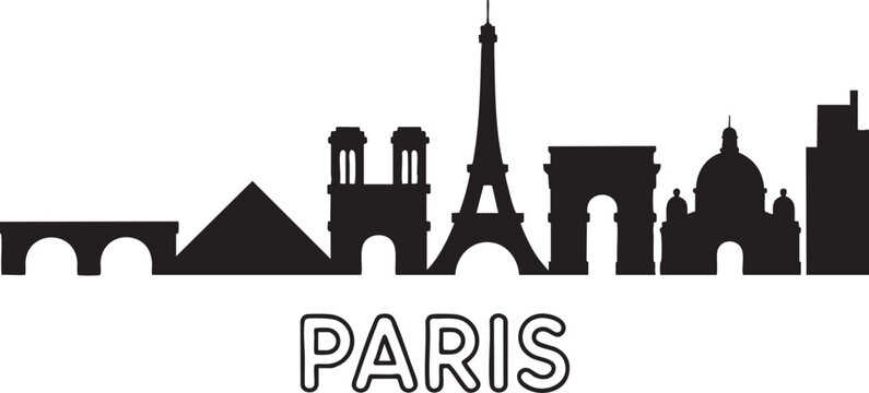 Paris city solid black skyline vector illustration with text, minimal style cityscape with famous landmarks