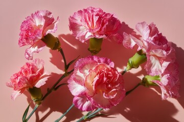 Obraz premium Top-down view of blooming carnations on a soft pastel pink background