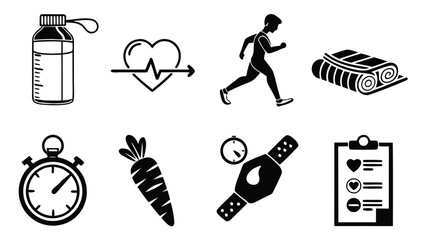Health and Fitness Solid Icons Set Black Minimal Vector Pictograms