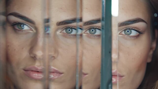 4K cinematic close-up young woman grey eyes perfectly shaped eyebrows looking mirror, multiple reflections her face artistic glass panels lens flares refracted light eyes brows, natural blinking