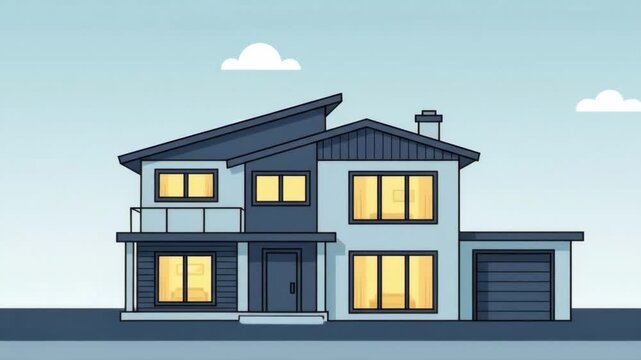 Animation of a modern residential house construction process. Building a two-story home from foundation to roof with landscaping. Real estate and property development concept