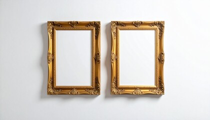 Two ornate gold picture frames vertically mounted side by side on white wall in symmetrical composition