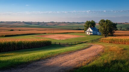 Tranquil rural landscape featuring a baseball diamond, farmstead, and cornfields