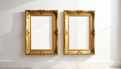 Two ornate gold picture frames vertically mounted side by side on white wall in symmetrical composition