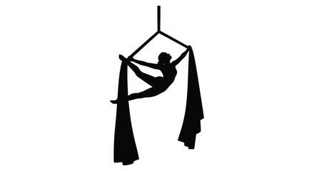 aerial performer in a dynamic pose with fabric silhouetted against a white background silhouette high quality