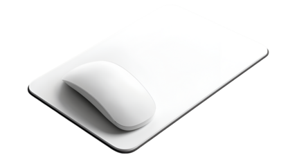 A sleek white computer mouse on a matching mousepad against a black background