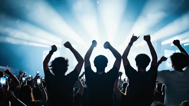 Silhouettes of enthusiastic fans at a live rock concert raising hands and cheering. Crowd enjoying music performance with bright stage lights and smartphones. Nightlife event atmosphere - Powered by Adobe