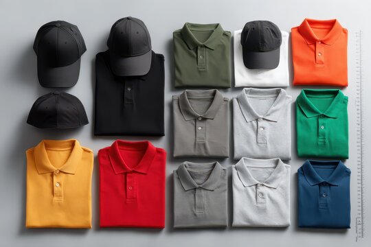 Uniform template set: polo shirts and caps in assorted colors for branding and customization