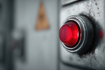 Urgent red emergency button on metal control surface with warning details in the background