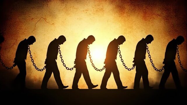 Silhouettes of chained men walking in a line with heads down. Enslaved prisoners marching in bondage against a textured grunge background. Concept of slavery, oppression, and lack of freedom