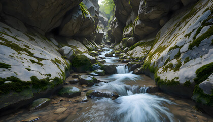 Stream running through narrow canyon with mossy rocks and clear water flowing between steep stone walls in secluded wilderness area during daytime under natural light