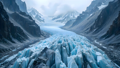Ice on mountain side with snow and frozen textures during winter season in high altitude alpine environment with cold weather and arctic landscape
