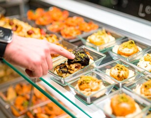 Hand pointing at prepared dishes inside a cafeteria or self service food counter, choosing a meal in a restaurant environment.