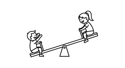 a black and white drawing of a girl and boy on a seesaw with a silhouette