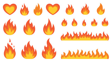 Fire flames and heart shapes, designed with bold fiery textures, cute illustration details, and clean white background composition. © JamesDesign