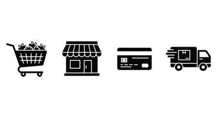 ecommerce elements including shopping cart store credit card and delivery truck silhouette high quality professional detailed