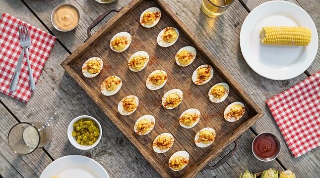 Deviled eggs appetizer spread with corn on the cob for outdoor picnic event deviled eggs appetizer.