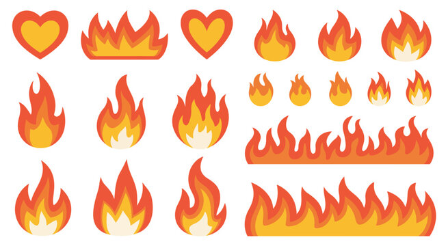 Collection of various cartoon fire flames and heart shapes, featuring fiery textures, playful illustration style, and vibrant elements on white background.