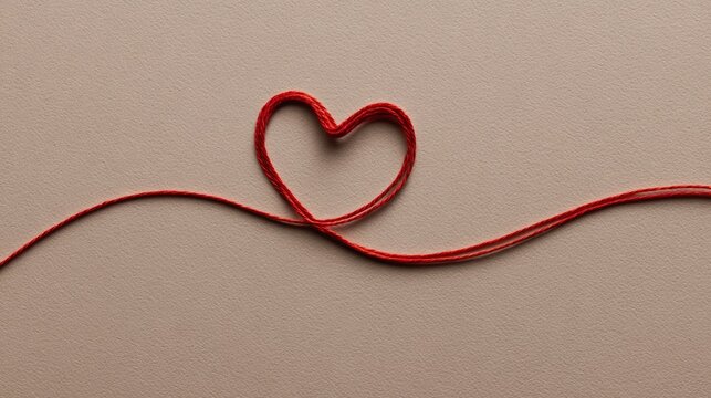 Red string forming a heart shape on a textured brown background, symbolizing love and connection.