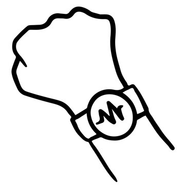 Hand drawn line illustration of a hand wearing a smartwatch with heart symbol for health tracking