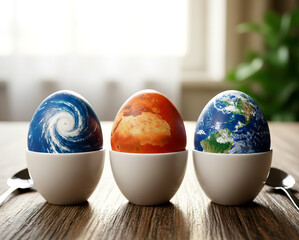 Three Eggs Painted as Planets