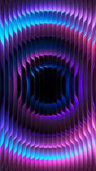 Fototapeta premium Futuristic fractal glass with deep circular gradient glowing in neon purple blue pink tones. Ribbed wavy glass structure with optical refraction and layered depth for creative visual design. 3d render