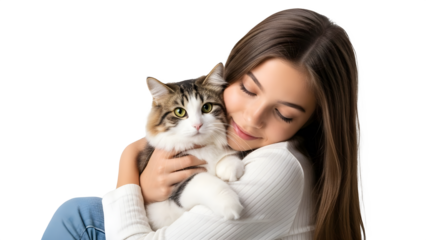 Happy young woman cuddling and kissing her adorable cat in a tender moment of affection and companionship together.