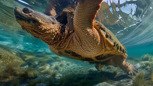 Captivating underwater footage of a snapping turtle gracefully navigating its aquatic habitat