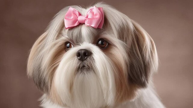 Charming Shih Tzu Portrait Series, Adorable Puppy Posing with Pink Bow, Gentle Expressions