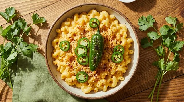 Spicy mac and cheese with jalape&ntilde;os and cilantro, comfort food, cheesy pasta, flavorful dish, macaroni, pasta.