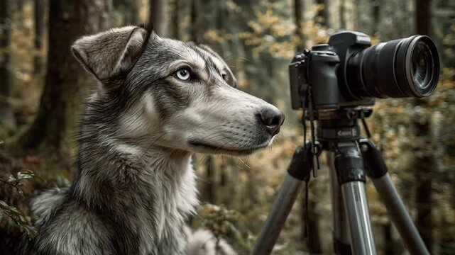 Charming video of a dog posing beside a camera on a tripod in the forest during golden hour