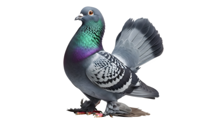 Racing homing pigeon standing proudly with colorful neck feathers and raised wing against a clean white background showcasing its beauty and unique characteristics