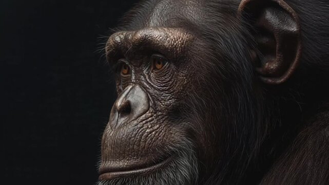 Chimpanzee Portrait Series: Thoughtful primate stares into the distance against dark background