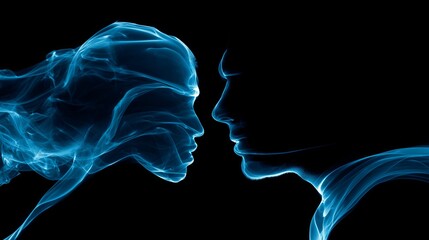 A surreal digital artwork of two face silhouettes made of swirling blue smoke on a black background.